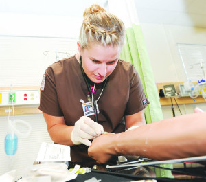 Nursing students practicing the insertion of needles.  Photo Credit: Dr. John Fell