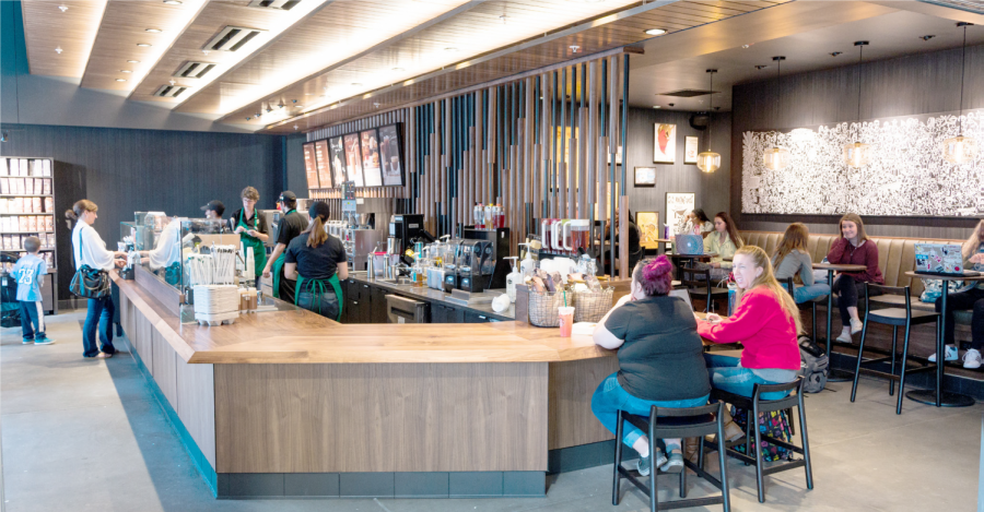 One of the retail spaces on the ground floor is Starbucks, which is run by BW Auxiliary Services. The new building also houses a bank, a pizza place, and a chicken wing restaurant.