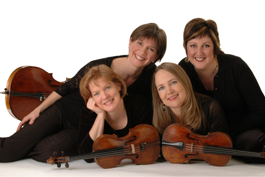 The Lafayette String Quartet consists of Ann Elliott-Goldschmid on first violin (top left), Sharon Stanis on second violin (top right), Joanna Hood on viola (bottom right) and Pamela Highbaugh Aloni on cello (bottom left).