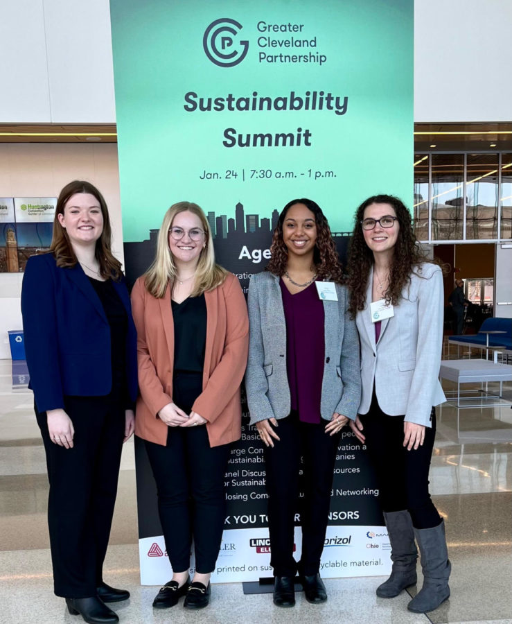 From+left+to+right%3A+Emma+Stamper%2C+Elizabeth+Gifford%2C+Emily+Shelton+and+Kylie+Cianciolo.+The+students+represented+BW+at+the+Greater+Cleveland+Partnership+Sustainability+Summit+on+Jan.+24.