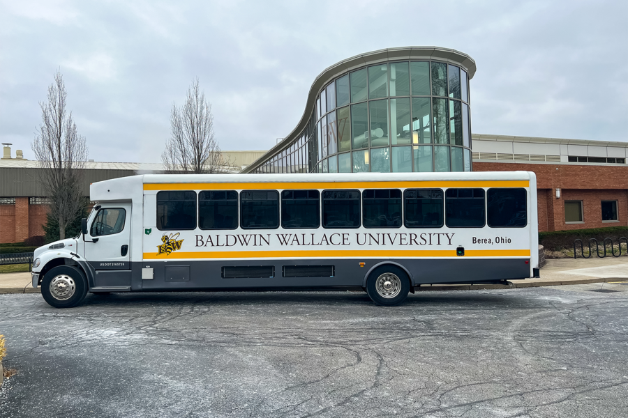 Baldwin Wallace transportation bus outside of Lou Higgins Recreational Center 