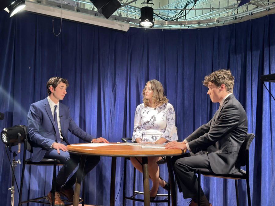 The Exponent collaborated with BWTV on a special coverage of Ohio’s midterm election in November 2022. Pictured here are managing editor Simon Skoutas (left), BWTV host Katarina Brankov (middle) and staff writer Chris Moran (right).