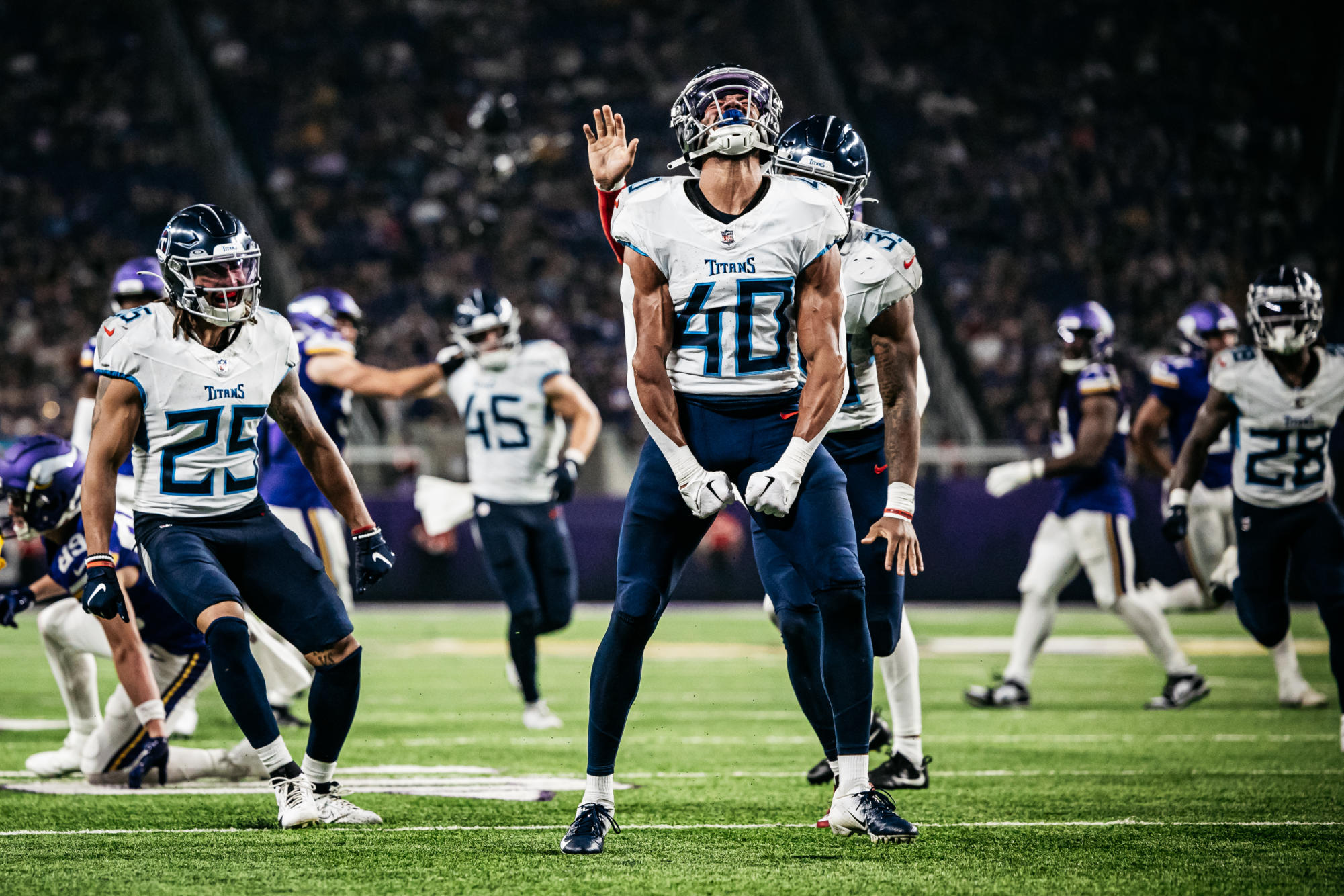 Defensive back Armani Marsh #25 of the Tennessee Titans and Cornerback Anthony Kendall #40 of the Tennessee Titans during the preseason game between the Tennessee Titans and the Minnesota Vikings at US Bank Stadium on August 19, 2023 in Minneapolis, MN. Photo By Emily Starkey/Tennessee Titans