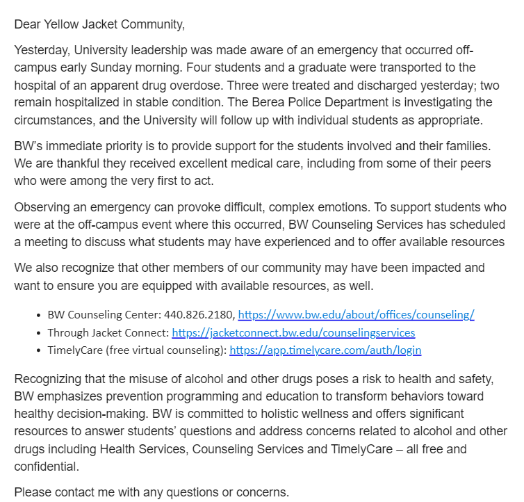 Email sent to Baldwin Wallace Students in response to overdose by students.