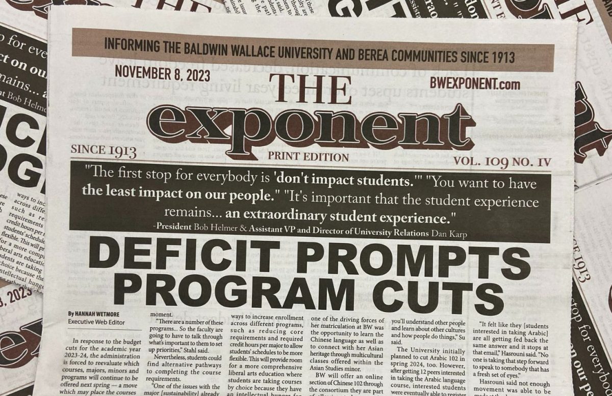 Front Page of The Exponents 4th edition depicting the headline Deficit Prompts Program Cuts.