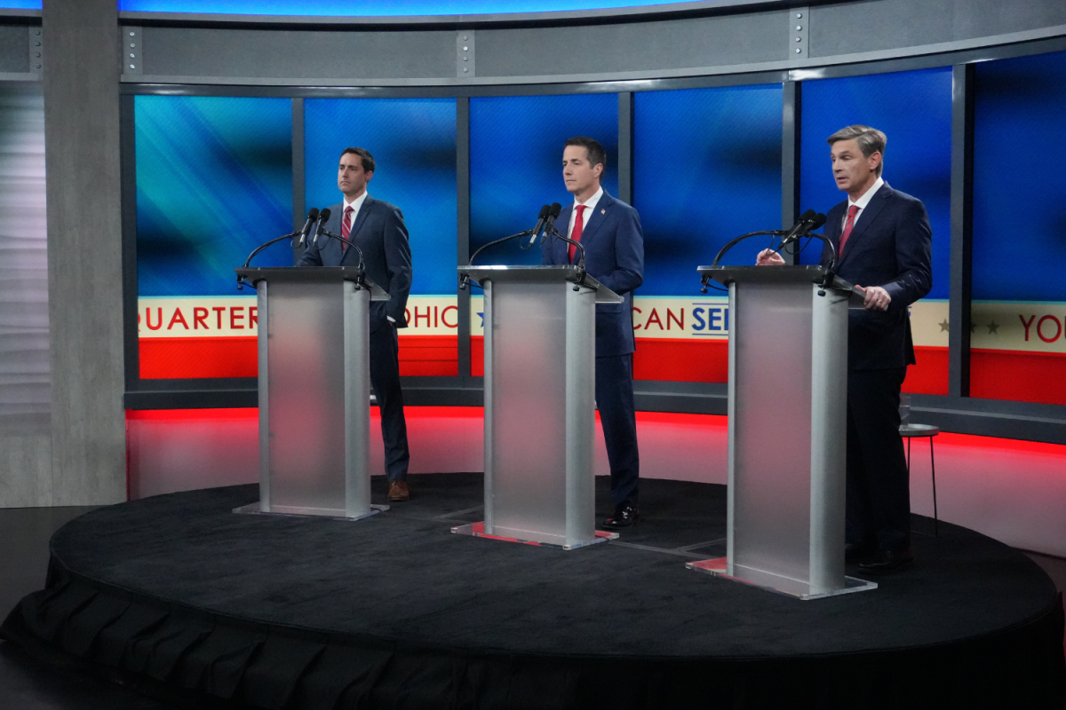 Left to right: U.S. Senate candidates, Ohio Secretary of State Frank LaRose, Bernie Moreno and Ohio Senator Matt Dolan debate at Fox 8 Studios.
