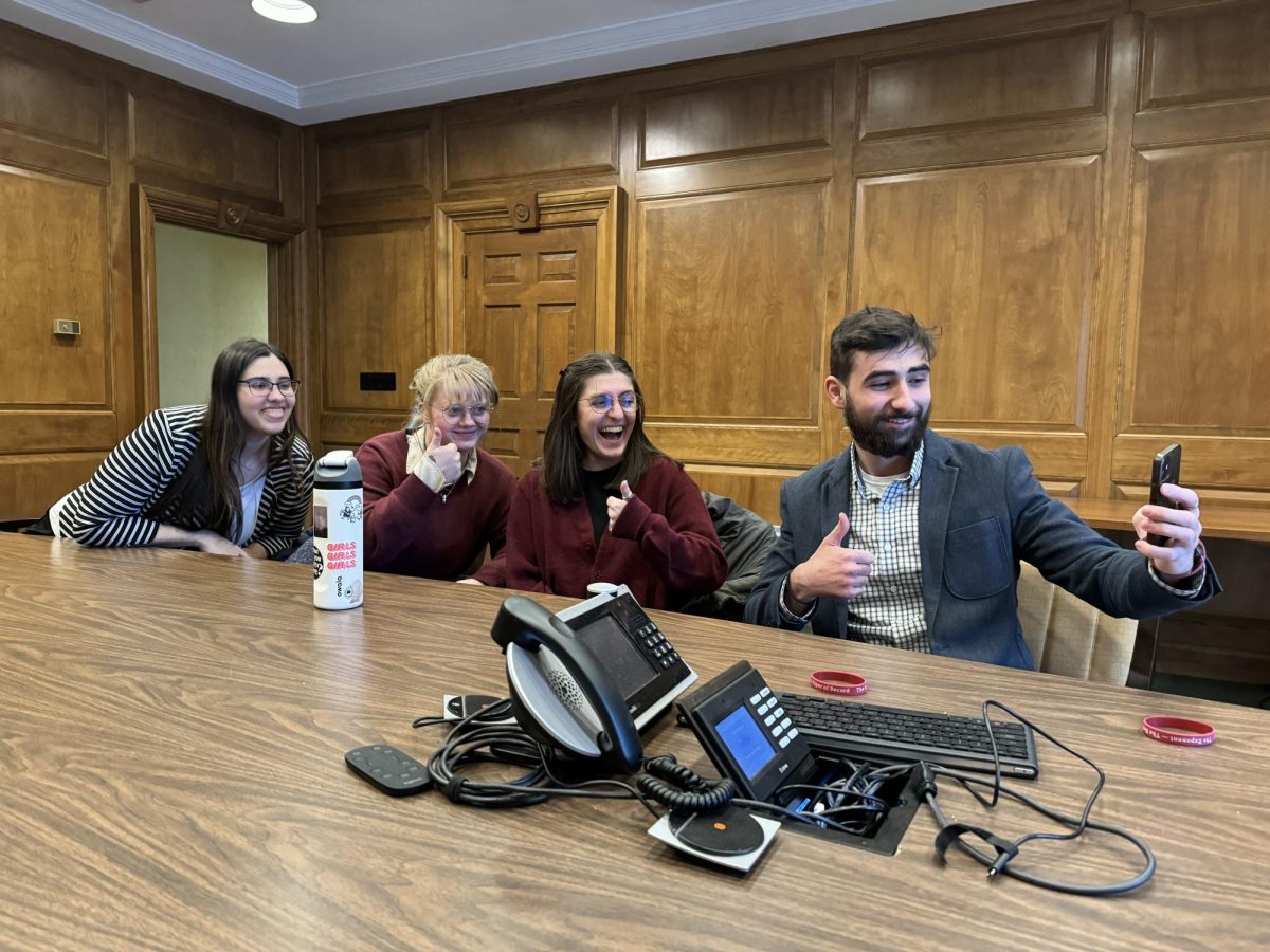 The Exponent Executive Board taking selfies at the Presidents Conference Room prior to a meeting with the University administrators and the University Relations in January. From left to right: Sunaina Kabadkar, Hannah Wetmore, Alexis Watkins and Simon Skoutas.
