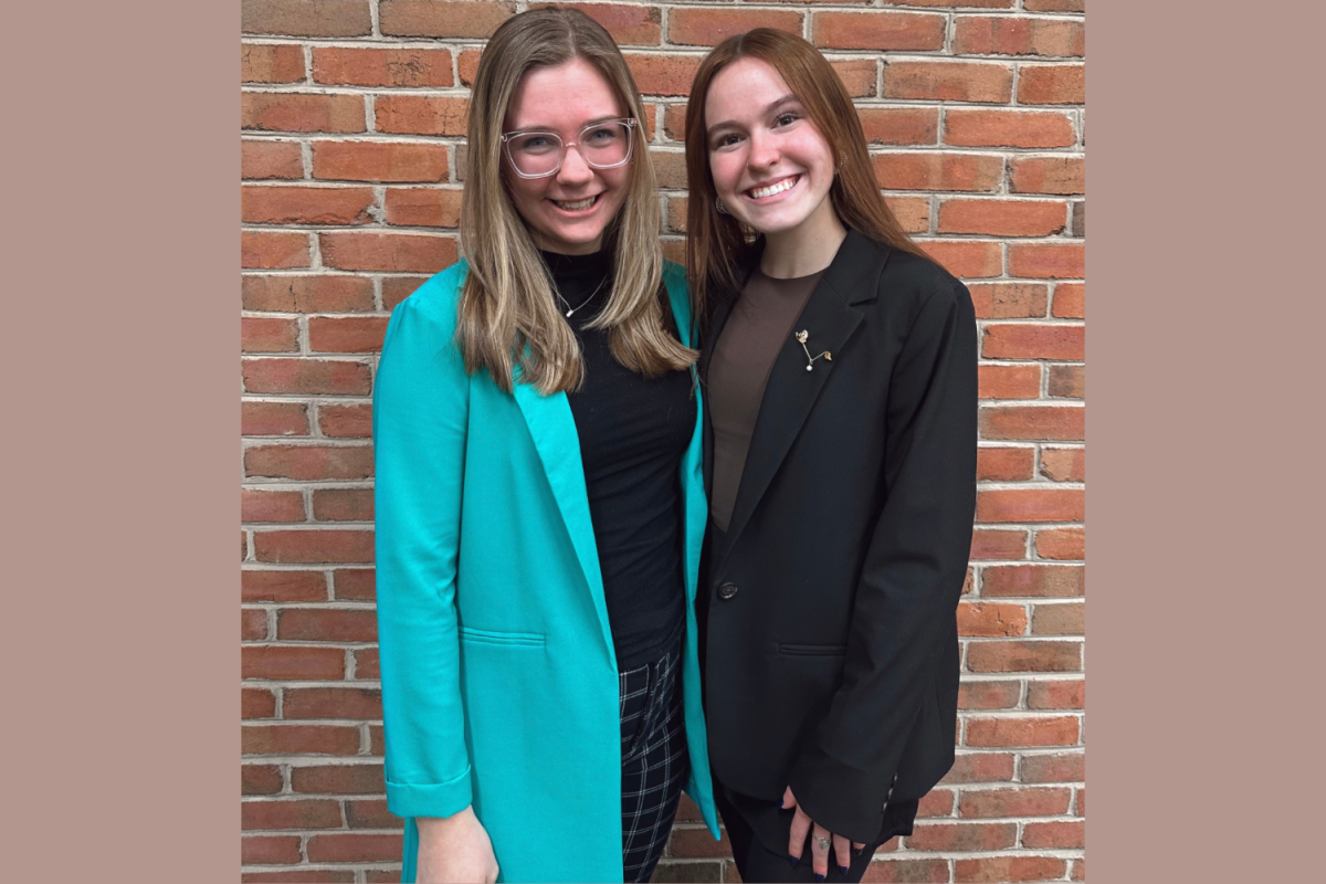 Left to right: Stephanie Neff and
Brenna Holliday, candidates for Student Body Vice President and President at Thursdays town hall. 