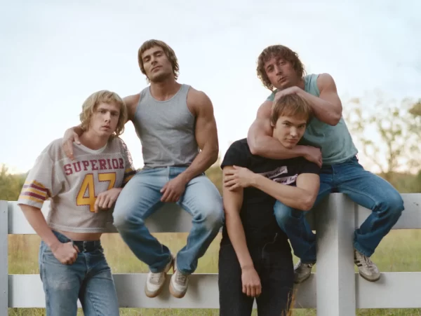 Left to right: Harris Dickinson, Cac Efron, Stanley Simmons and Jeremy Allen White in a scene from The Iron Claw.