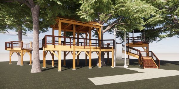 Photo rendering of the treehouse, consisting of one main platform and two seperate tree platforms accessible through bridges.