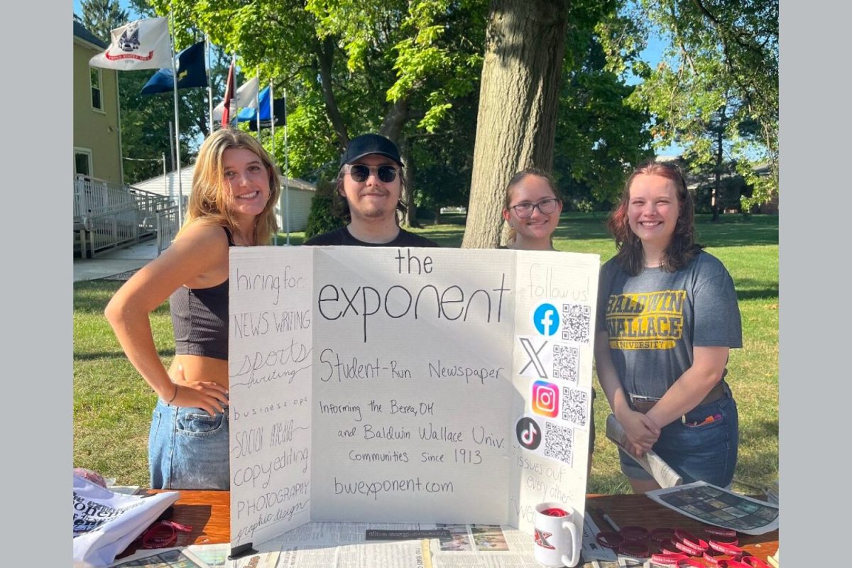 Members of The Exponent’s senior staff at the fall involvement fair, pictured from
left to right: Junior Bailey Croft, Senior Ryan Acevedo, Sophomore Maria Vurbic and Junior Elise Coble.