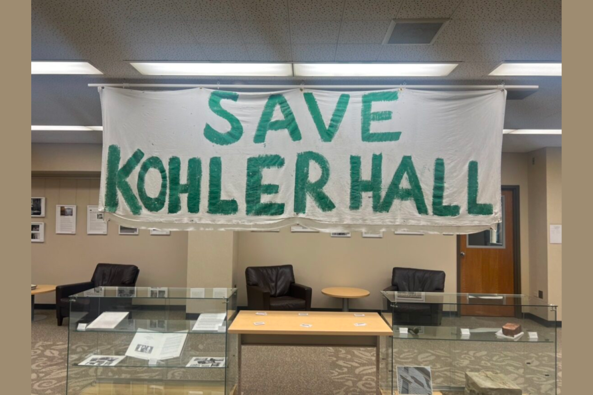 The "Save Kohler Hall" banner from an on-campus house when it was originally annouced Kohler would be closing in 2019.