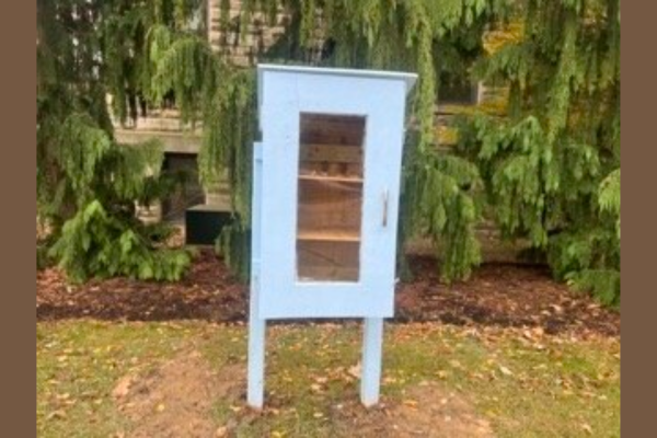 The Little Free Library, built by BW Book Jackers and Circle K International, by the rose garden between Marting and Dietsch Halls. 