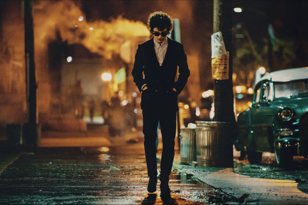 Timothée Chalamet as Bob Dylan in "A Complete Unknown/"