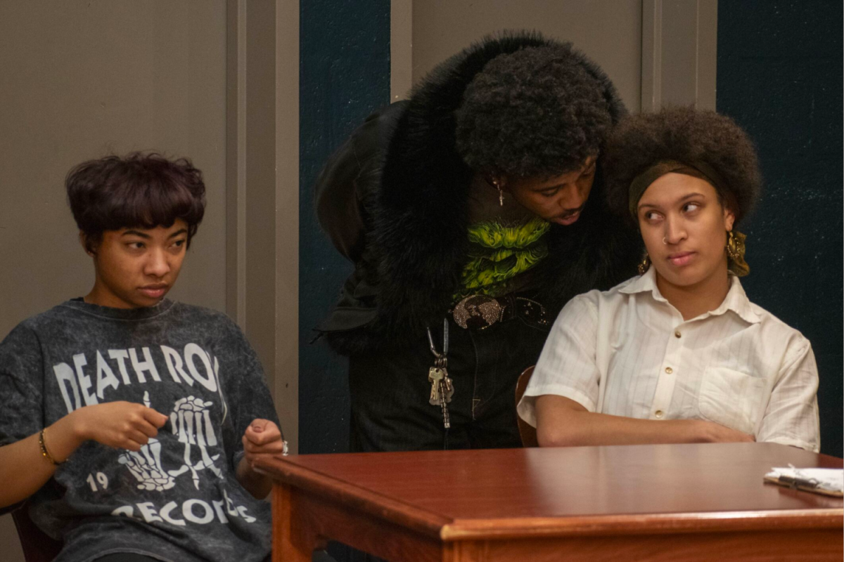 (left to right) Amaya Mayes, Gabriel Cummings and Moth Teets rehearse a scene from “Skeleton Crew,” which opens on Feb. 12 in the Loomis Acting Studio. 