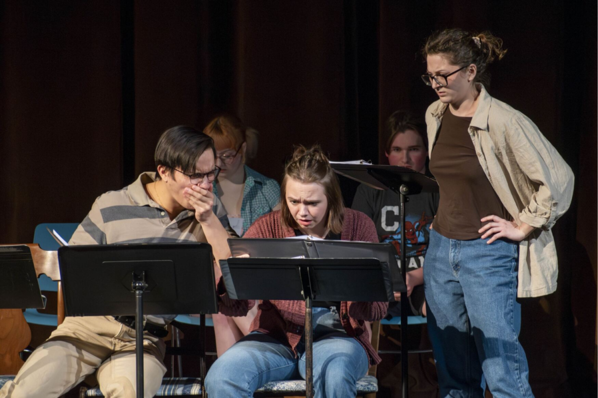 (left to right) Kyle Arzaga, Greta Bedell, and Chole Cyr perform a scene from “Appropriate,” which ran on Feb. 28 and Mar. 1 in the Mainstage Theatre.