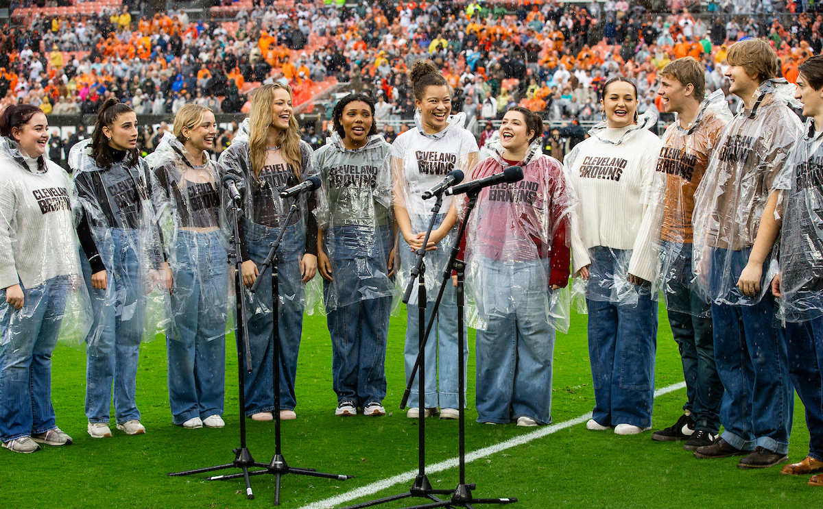 Baldwin Wallace Music Theatre students perform at the Cleveland Browns game against the Miami Dolphins.