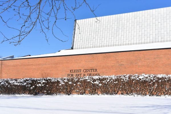 Snow covers the grounds outside the Kleist Center for Art & Drama on Baldwin Wallace University’s campus in Berea, Ohio.
