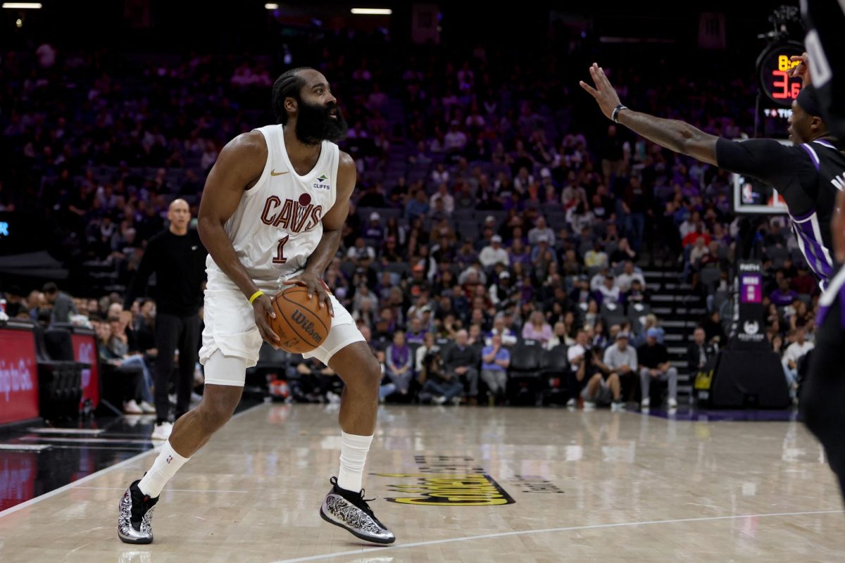 Feb 7, 2026; Sacramento, California, USA; Cleveland Cavaliers guard James Harden (1) shoots the ball against the Sacramento Kings during the third quarter at Golden 1 Center. Mandatory Credit: Dennis Lee-Imagn Images