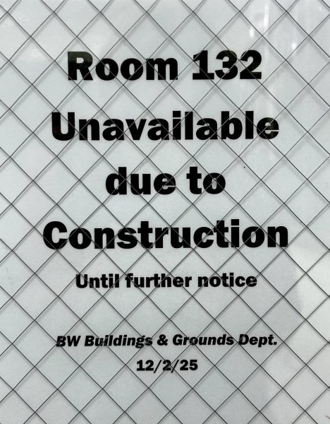 Sign displayed by Buildings & Grounds outside of Room 132 in Loomis Hall. Photo credit: Israel Gole