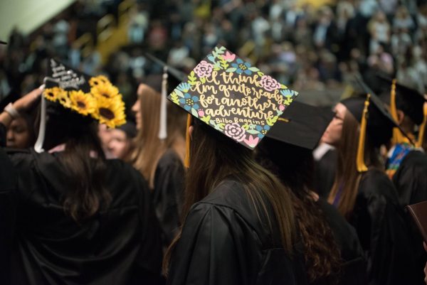 Students gather in Ursprung Gymnasium to celebrate commencement.