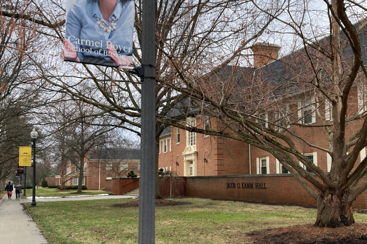 Outside of Jacob O. Kamm Hall, a place frequented by both female marketing students and professors.