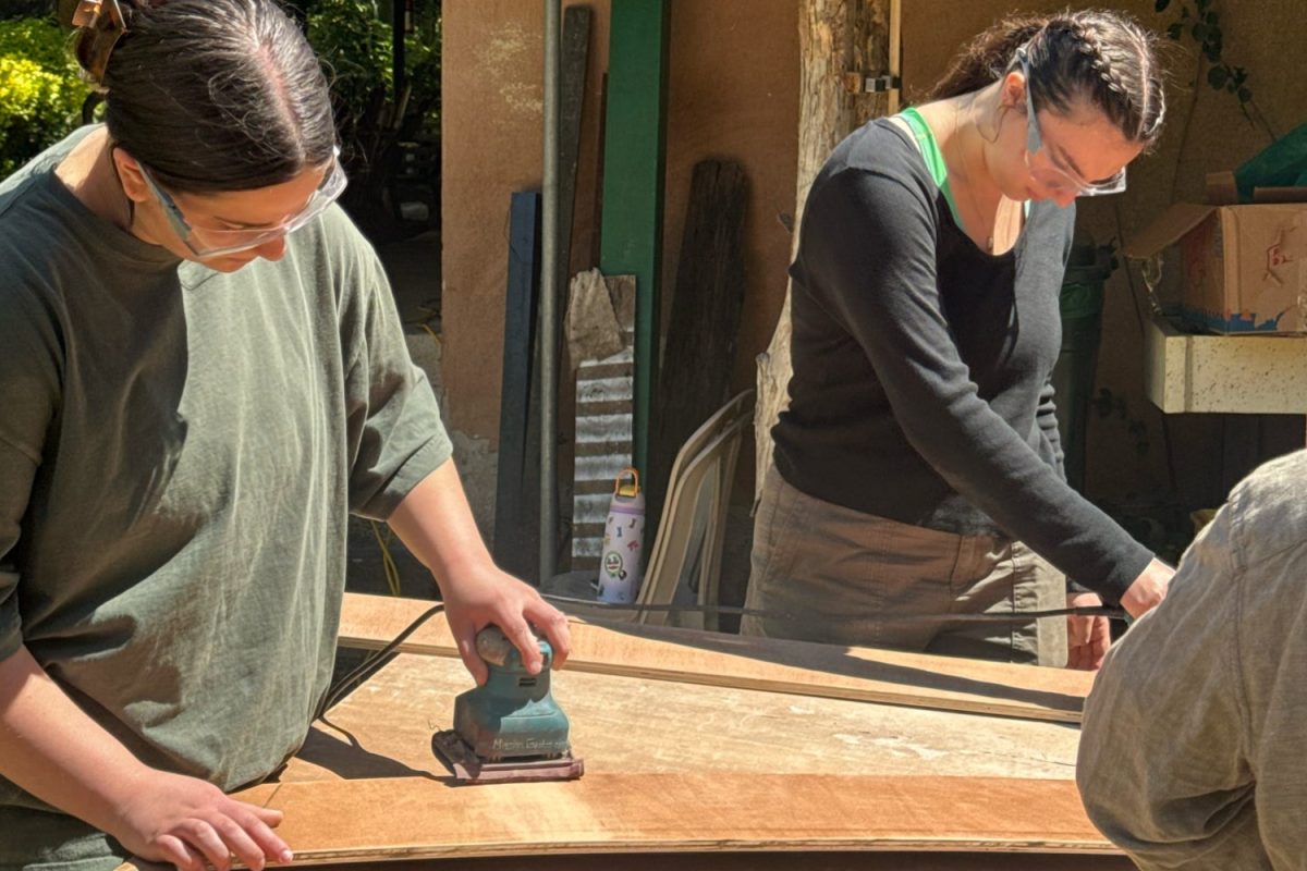 Students Stephanie Lesnick (left) and Claire Lind (right) sand wood to make bookshelves for donated books.